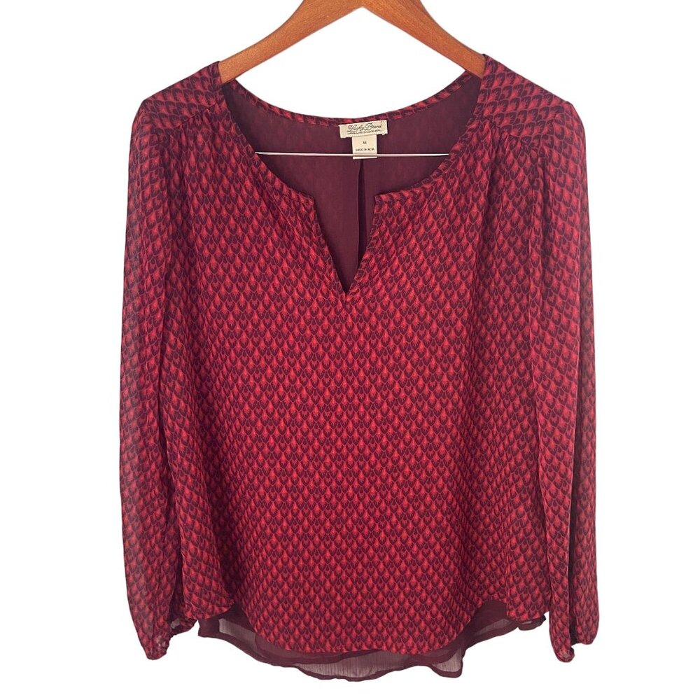 Lucky Brand Red & Black Animal Print Split Neck Blouse Sz Medium Long Sleeves